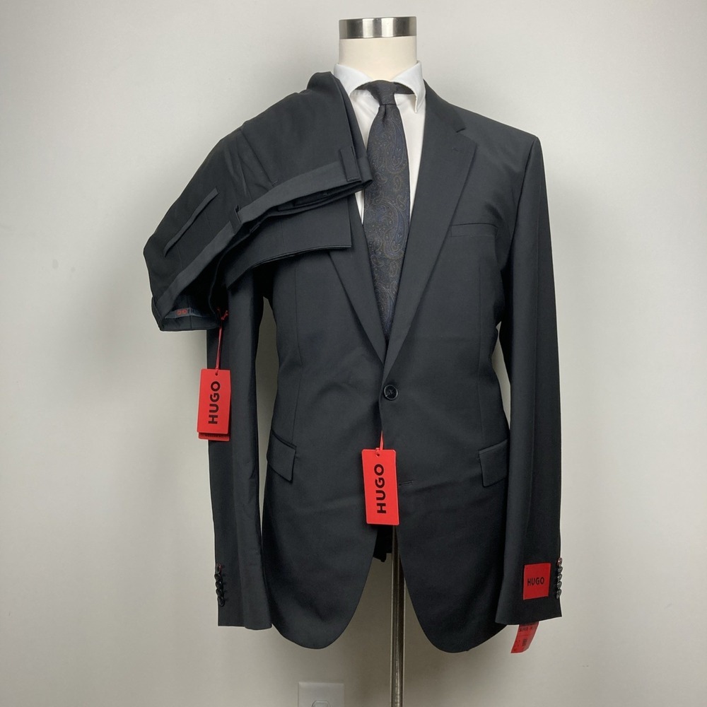 Hugo By Hugo Boss Mens 2-pc Suit Blazer Jacket 44L Black‎ Wool Pants 40W 33L